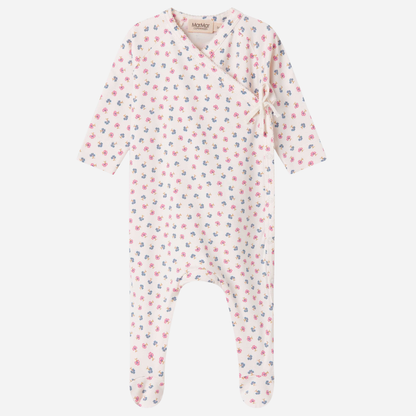Sold at Bombon shop, designed by Mar Mar Copenhagen, Rubetta footed baby onesie in Mini Flower print modal and organic cotton blend