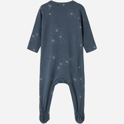 Sold at Bombon shop, designed by MarMar Copenhagen. Midnight blue baby wrap footie with white star print, pairs perfectly with the matching hat and blanket.