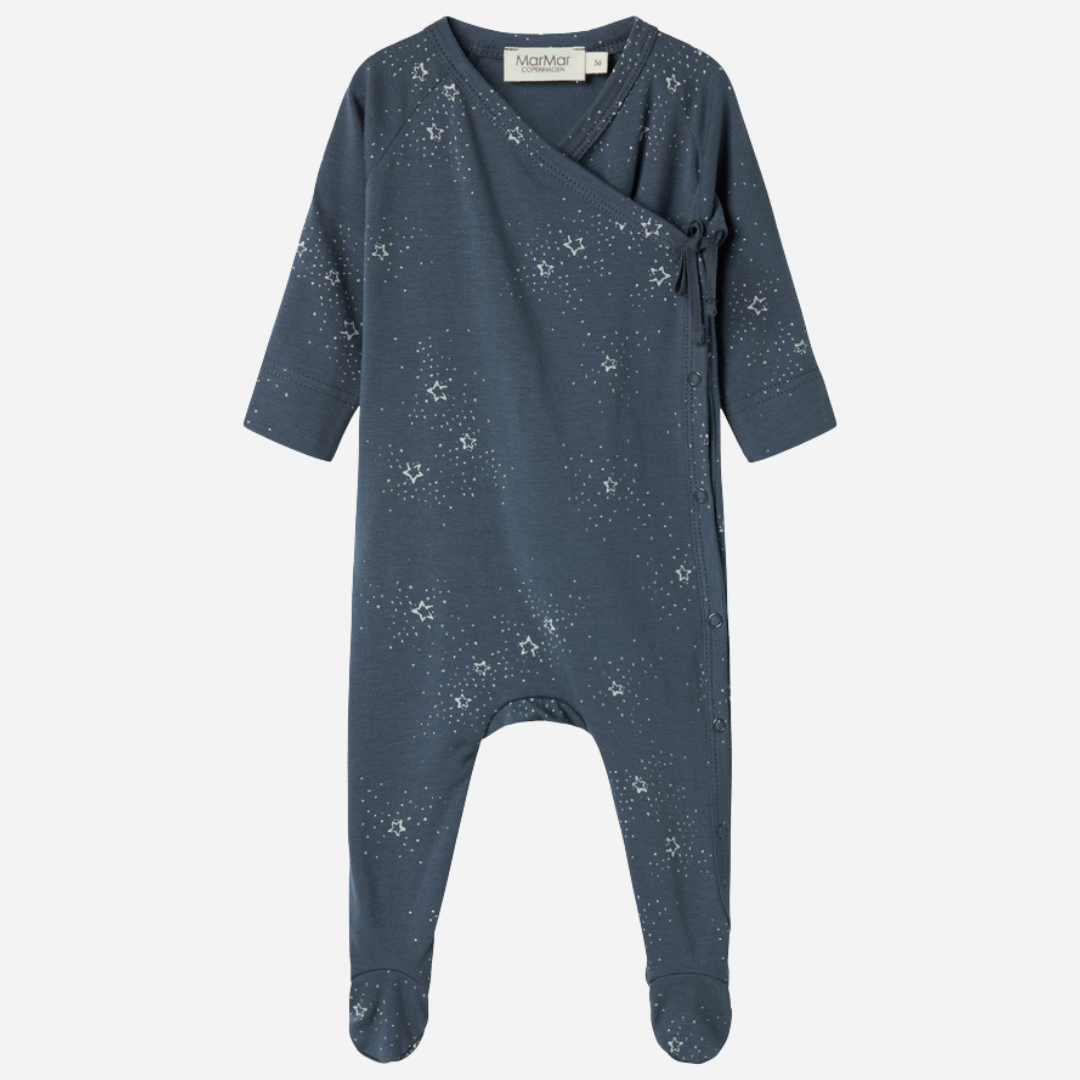 Sold at Bombon shop, designed by MarMar Copenhagen. Midnight blue baby wrap footie with white star print, pairs perfectly with the matching hat and blanket.