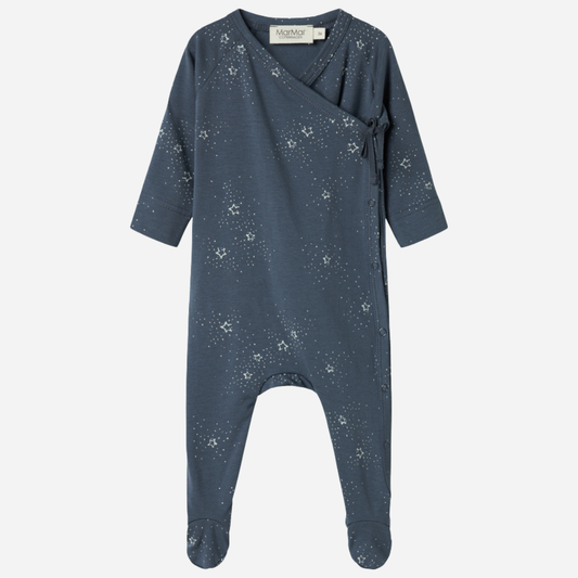 Sold at Bombon shop, designed by MarMar Copenhagen. Midnight blue baby wrap footie with white star print, pairs perfectly with the matching hat and blanket.