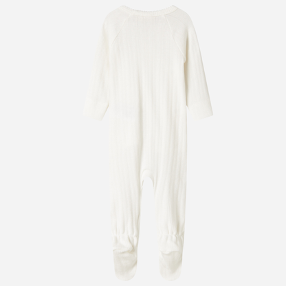 Sold at Bombon shop, designed by MarMar Copenhagen. Cream white ribbed baby wrap footie with side tie, pairs perfectly with the matching hat and blanket.