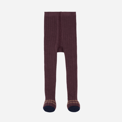 Sold at Bombon shop, designed by 1+ in the family — ribbed knit baby tights in melanzana with contrast navy toes and tan stripe detail.