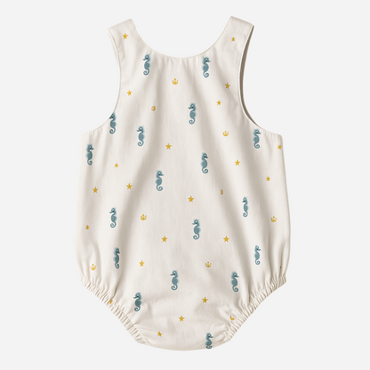 sold at Bombon shop, designed by Paloma de la O brand, this sea horse print baby romper for baby boys is ideal for spring and summer. back view