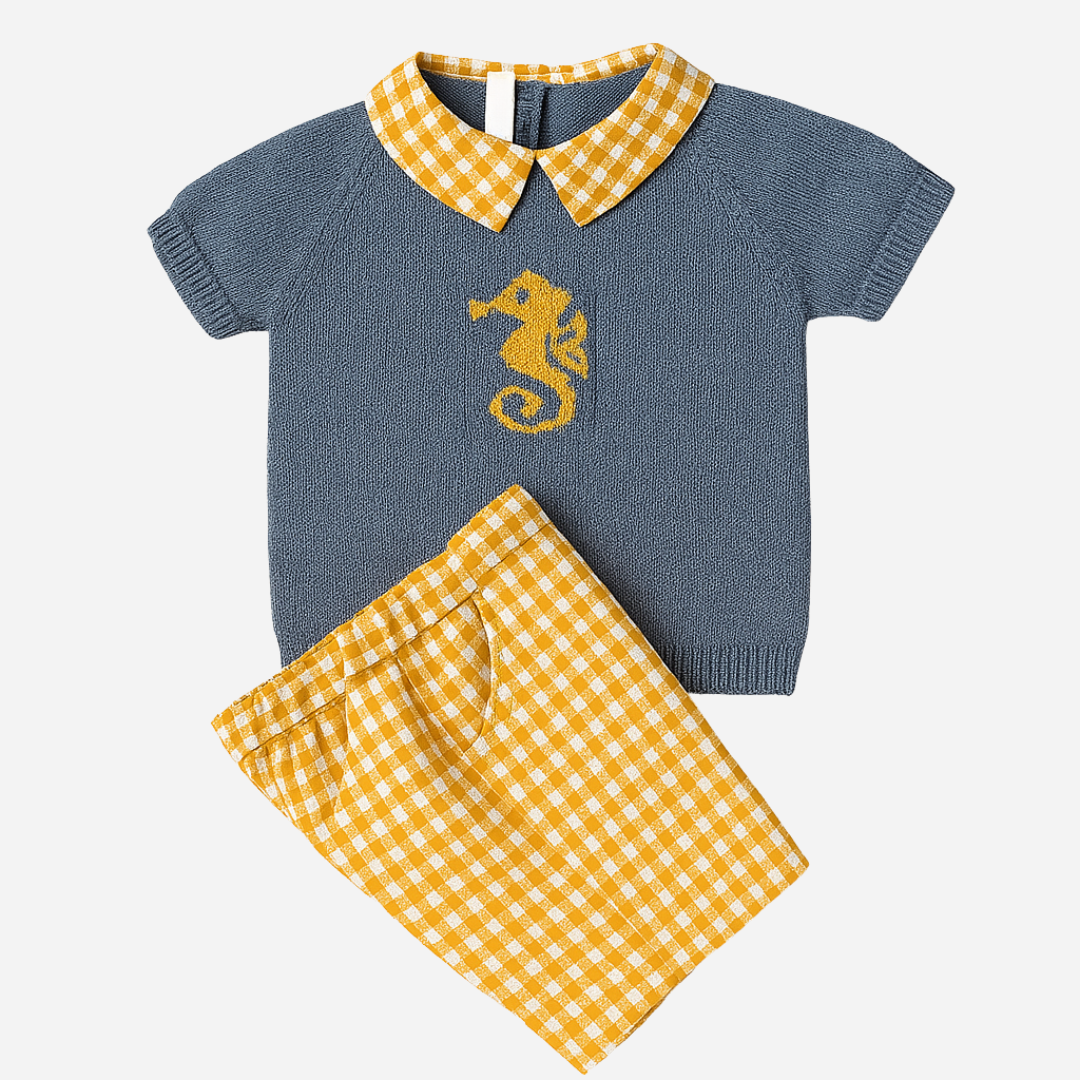 sold at Bombon shop, designed by Paloma de la o brand, these mustard vichy pattern shorts with a sea horse shirt look for baby boys and toddlers are perfect for spring and summer. 