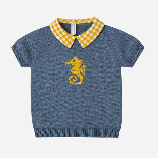 sold at Bombon shop, designed by Paloma de la o brand, this sea horse shirt look for baby boys and toddlers are perfect for spring and summer. front view