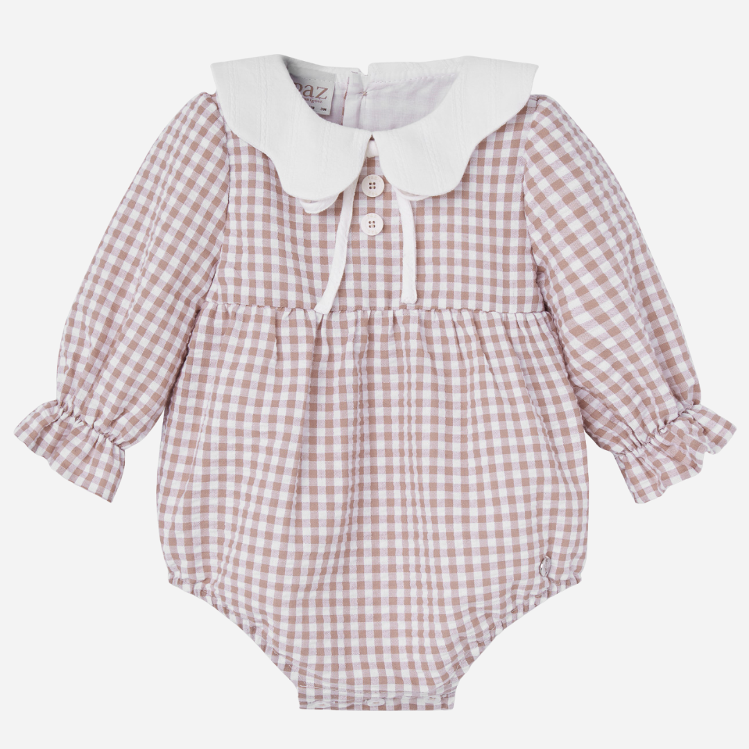 Sold at Bombon shop, designed by Paz Rodriguez, beige gingham baby romper with white collar and long sleeves.