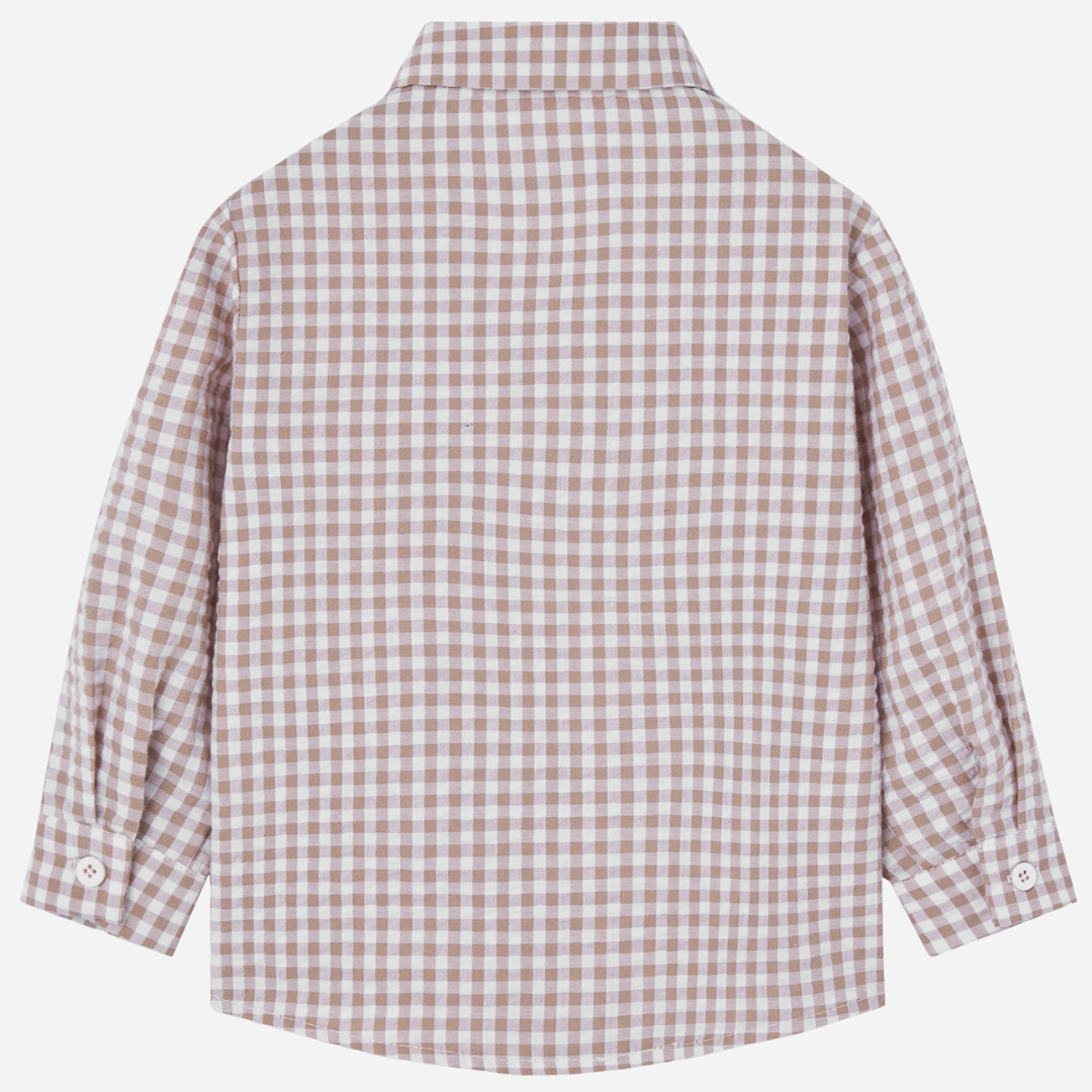 Sold at Bombon shop, designed by Paz Rodriguez, beige and white gingham cotton shirt for boys with long sleeves and front buttons.