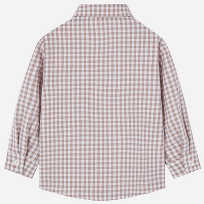 Sold at Bombon shop, designed by Paz Rodriguez, beige and white gingham cotton shirt for boys with long sleeves and front buttons.