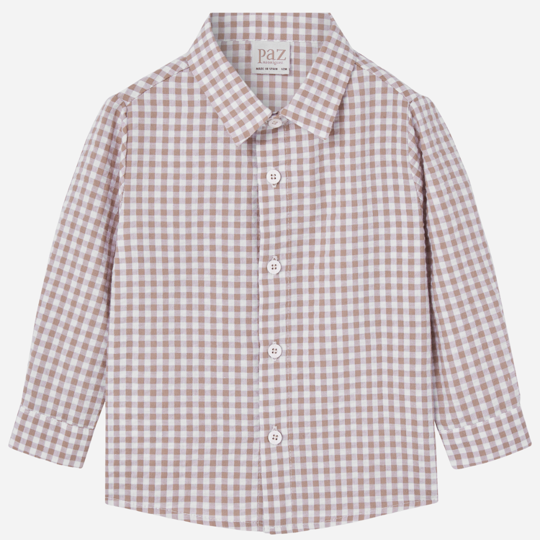 Sold at Bombon shop, designed by Paz Rodriguez, beige and white gingham cotton shirt for boys with long sleeves and front buttons.