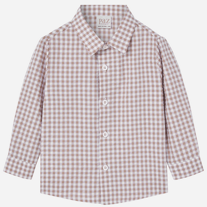 Sold at Bombon shop, designed by Paz Rodriguez, beige and white gingham cotton shirt for boys with long sleeves and front buttons.