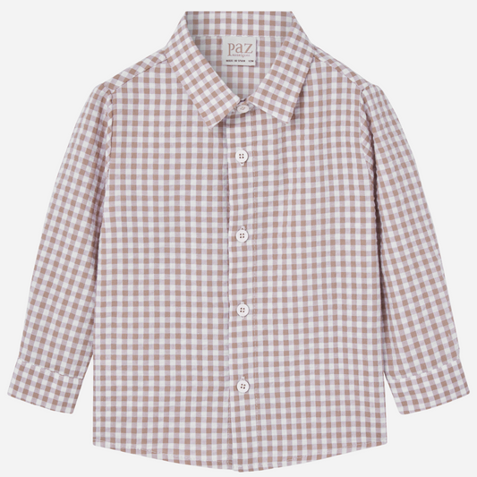 Sold at Bombon shop, designed by Paz Rodriguez, beige and white gingham cotton shirt for boys with long sleeves and front buttons.