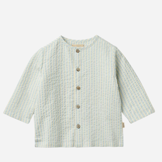 Sold at Bombon Shop, designed by Wheat, summer sky stripe organic cotton baby long sleeve shirt with soft blue vertical stripes.