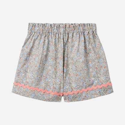 Sold at Bombon Shop, designed by Wheat, air blue flowers organic cotton baby shorts with lace hem detail and elastic waistband.