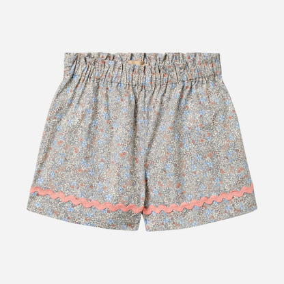 Sold at Bombon Shop, designed by Wheat, air blue flowers organic cotton baby shorts with lace hem detail and elastic waistband.