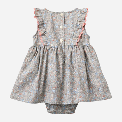 Sold at Bombon Shop, designed by Wheat, air blue flowers organic cotton baby dress with matching bloomers in soft blue floral print