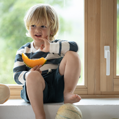 sold at Bombon shop, designed by 1+ in the family, this blue and white striped shirt boy baby boys and toddlers is perfect for spring and summer. model view