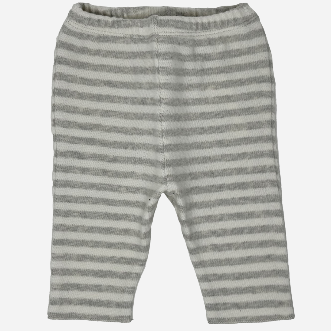 Sold at Bombon shop, designed by Tiny Soul — baby pants in grey and white stripes with elastic waistband, button accents, and rolled cuffs. back