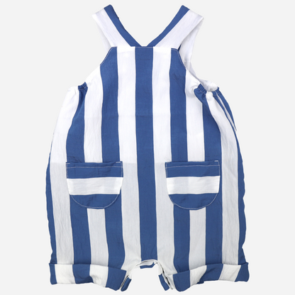 sold at Bombon shop, designed by Al Agua Patos brand, these blue and white striped overalls for baby boys is perfect for spring and summer. back view