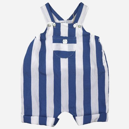 sold at Bombon shop, designed by Al Agua Patos brand, these blue and white striped overalls for baby boys is perfect for spring and summer. front view