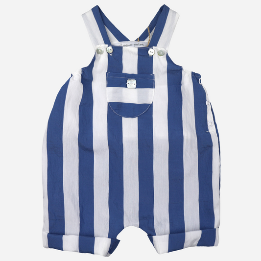 sold at Bombon shop, designed by Al Agua Patos brand, these blue and white striped overalls for baby boys is perfect for spring and summer. front view
