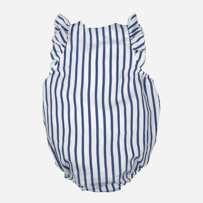 sold at Bombon shop, designed by Al Agua Patos brand, this blue and white striped romper for baby girls is perfect for spring and summer. back view