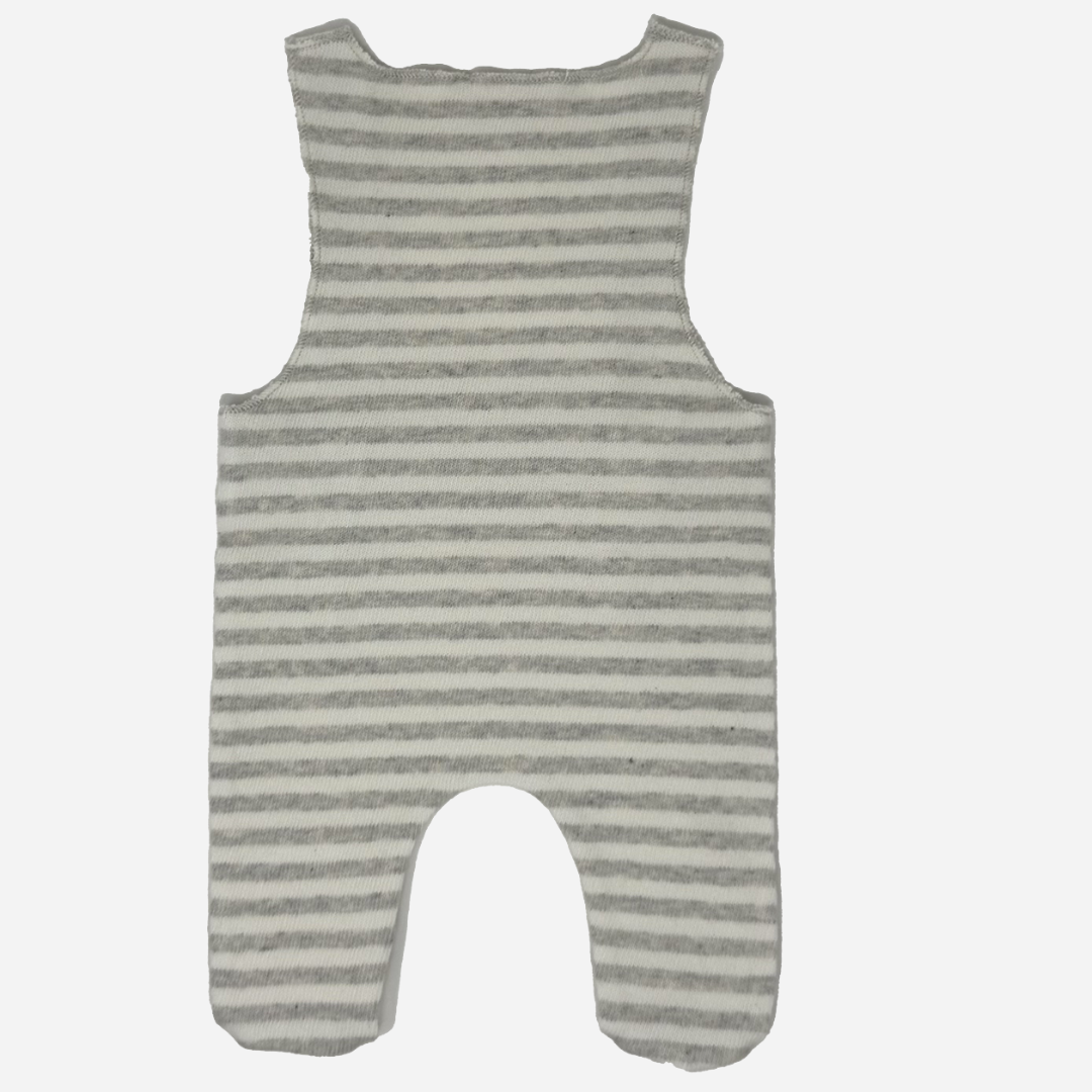 Sold at Bombon shop, designed by Tiny Soul — baby footed overall in grey and white stripes with buttoned shoulder straps and attached feet. back