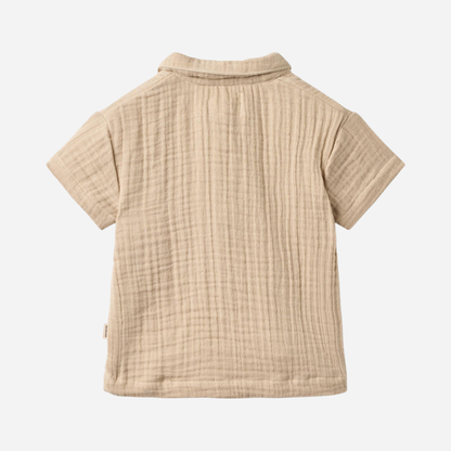 Sold at Bombon Shop, designed by Wheat, warm sand organic cotton short sleeve shirt with soft textured fabric and classic collar.