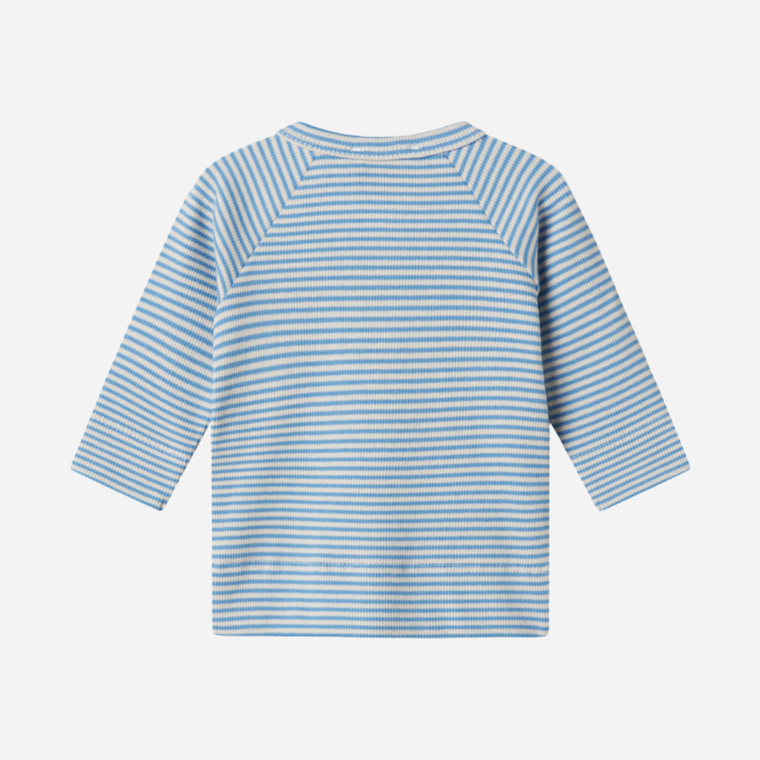 Sold at Bombon shop, designed by MarMar Copenhagen. Sky blue and cream striped baby cardigan with snap buttons, pairs perfectly with the matching blue striped footed pants.