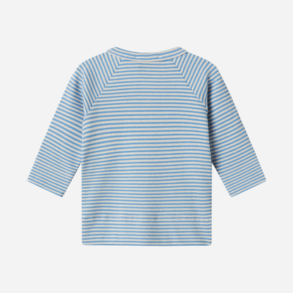Sold at Bombon shop, designed by MarMar Copenhagen. Sky blue and cream striped baby cardigan with snap buttons, pairs perfectly with the matching blue striped footed pants.