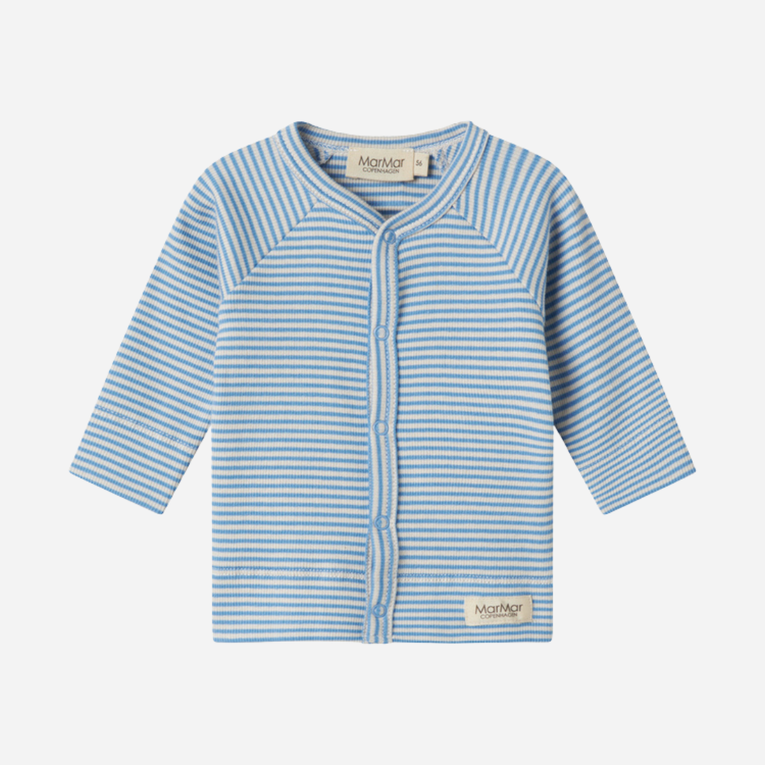 Sold at Bombon shop, designed by MarMar Copenhagen. Sky blue and cream striped baby cardigan with snap buttons, pairs perfectly with the matching blue striped footed pants.