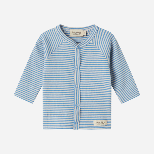Sold at Bombon shop, designed by MarMar Copenhagen. Sky blue and cream striped baby cardigan with snap buttons, pairs perfectly with the matching blue striped footed pants.