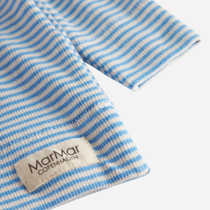 Sold at Bombon shop, designed by MarMar Copenhagen. Sky blue and cream striped baby cardigan with snap buttons, pairs perfectly with the matching blue striped footed pants.