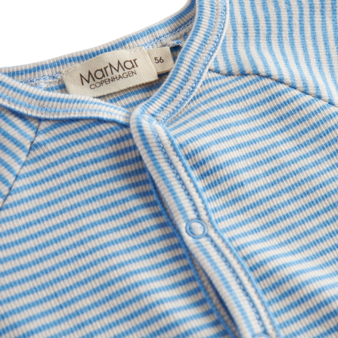 Sold at Bombon shop, designed by MarMar Copenhagen. Sky blue and cream striped baby cardigan with snap buttons, pairs perfectly with the matching blue striped footed pants.