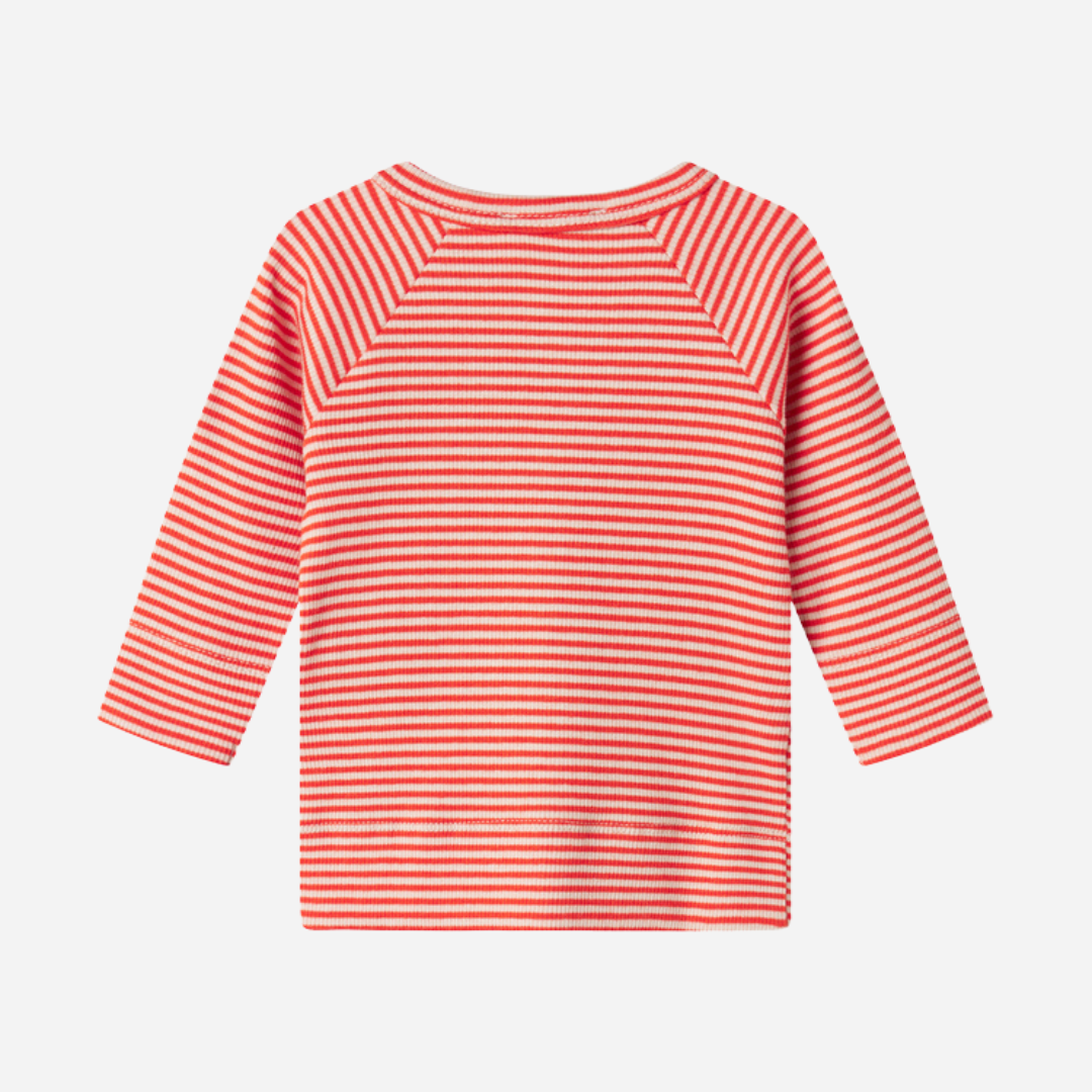 Sold at Bombon shop, designed by MarMar Copenhagen. Coral and cream striped baby cardigan with snap buttons, pairs perfectly with the matching coral striped footed pants.