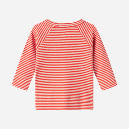 Sold at Bombon shop, designed by MarMar Copenhagen. Coral and cream striped baby cardigan with snap buttons, pairs perfectly with the matching coral striped footed pants.