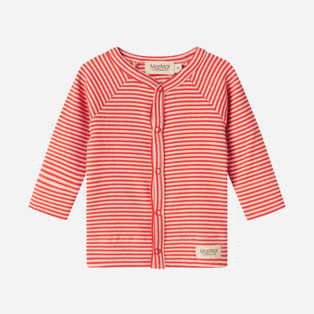 Sold at Bombon shop, designed by MarMar Copenhagen. Coral and cream striped baby cardigan with snap buttons, pairs perfectly with the matching coral striped footed pants.