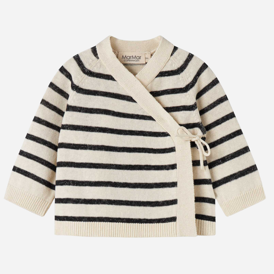 Sold at Bombon shop, designed by Mar Mar Copenhagen, Tanea baby wrap top in Off White Stripe linen and cotton knit