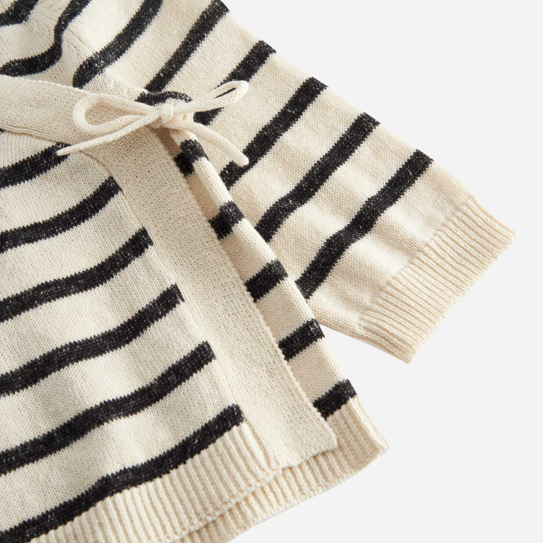 Sold at Bombon shop, designed by Mar Mar Copenhagen, Tanea baby wrap top in Off White Stripe linen and cotton knit