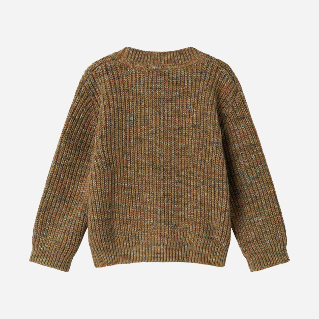 Sold at Bombon shop, designed by MarMar Copenhagen — brown speckled wool-blend knit baby jumper with ribbed texture, pairs perfectly with the taupe cotton pants.