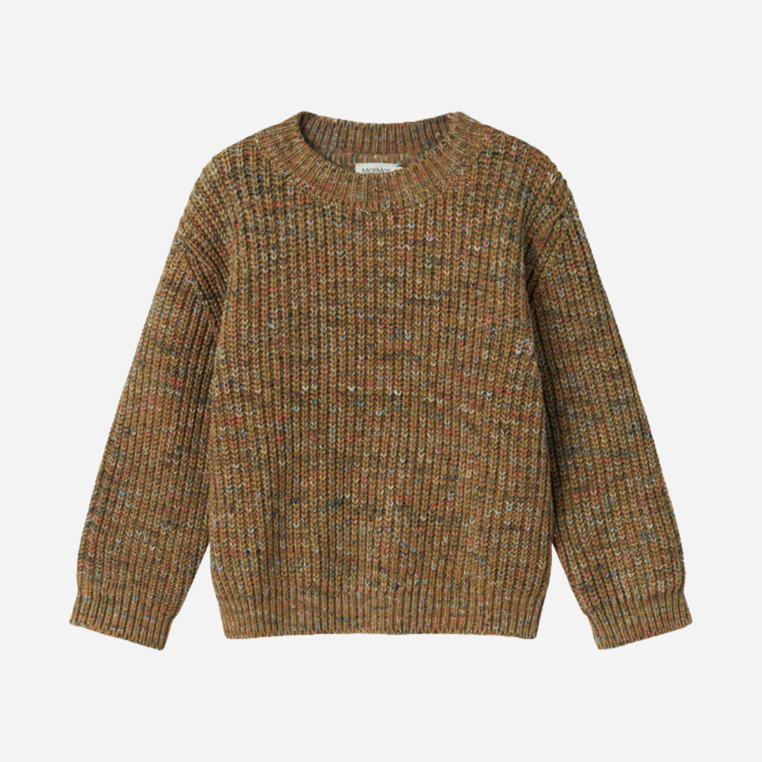 Sold at Bombon shop, designed by MarMar Copenhagen — brown speckled wool-blend knit baby jumper with ribbed texture, pairs perfectly with the taupe cotton pants.