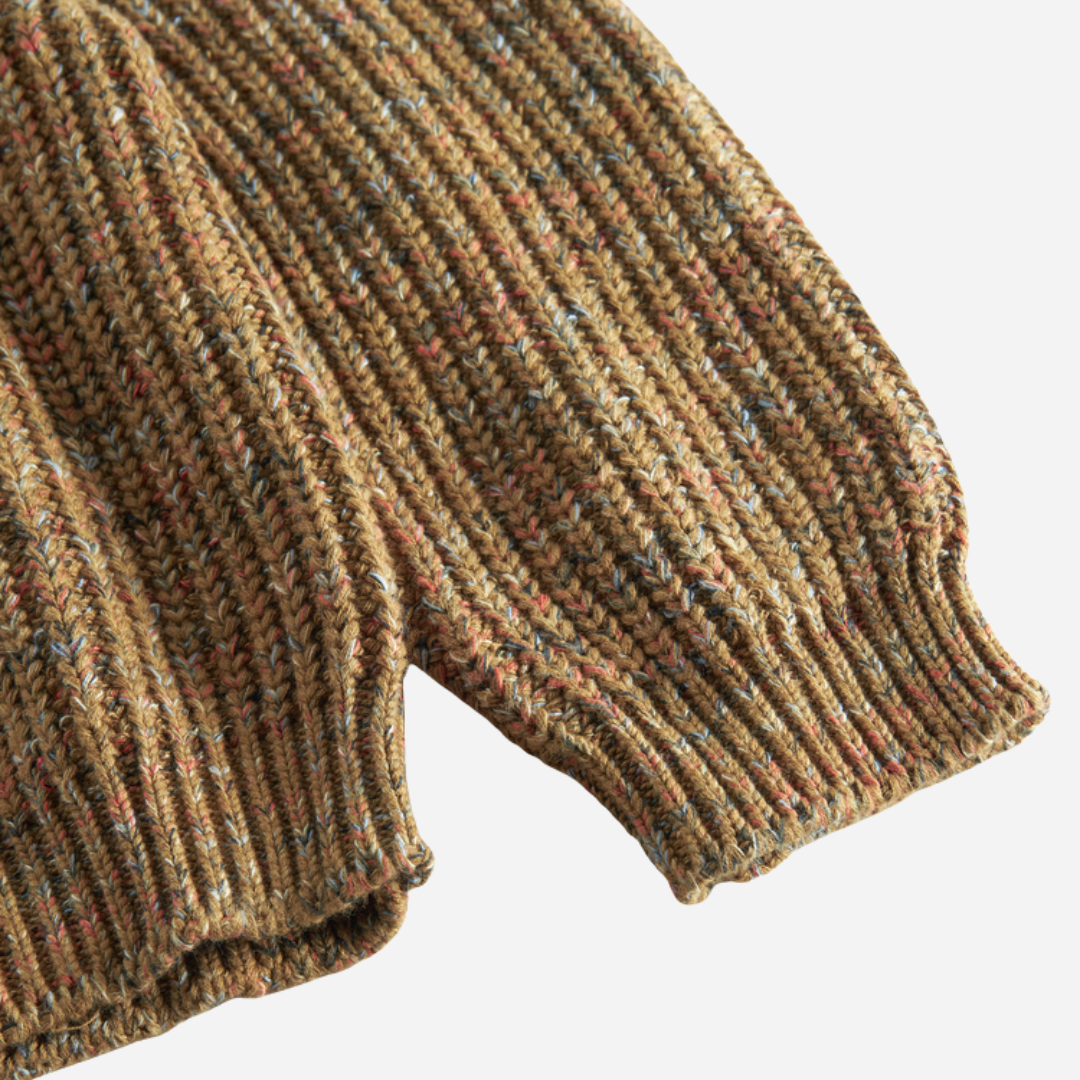 Sold at Bombon shop, designed by MarMar Copenhagen — brown speckled wool-blend knit baby jumper with ribbed texture, pairs perfectly with the taupe cotton pants.