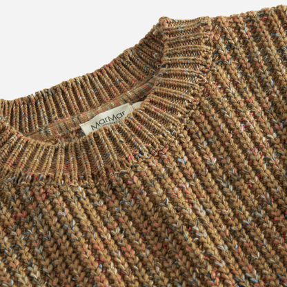Sold at Bombon shop, designed by MarMar Copenhagen — brown speckled wool-blend knit baby jumper with ribbed texture, pairs perfectly with the taupe cotton pants.