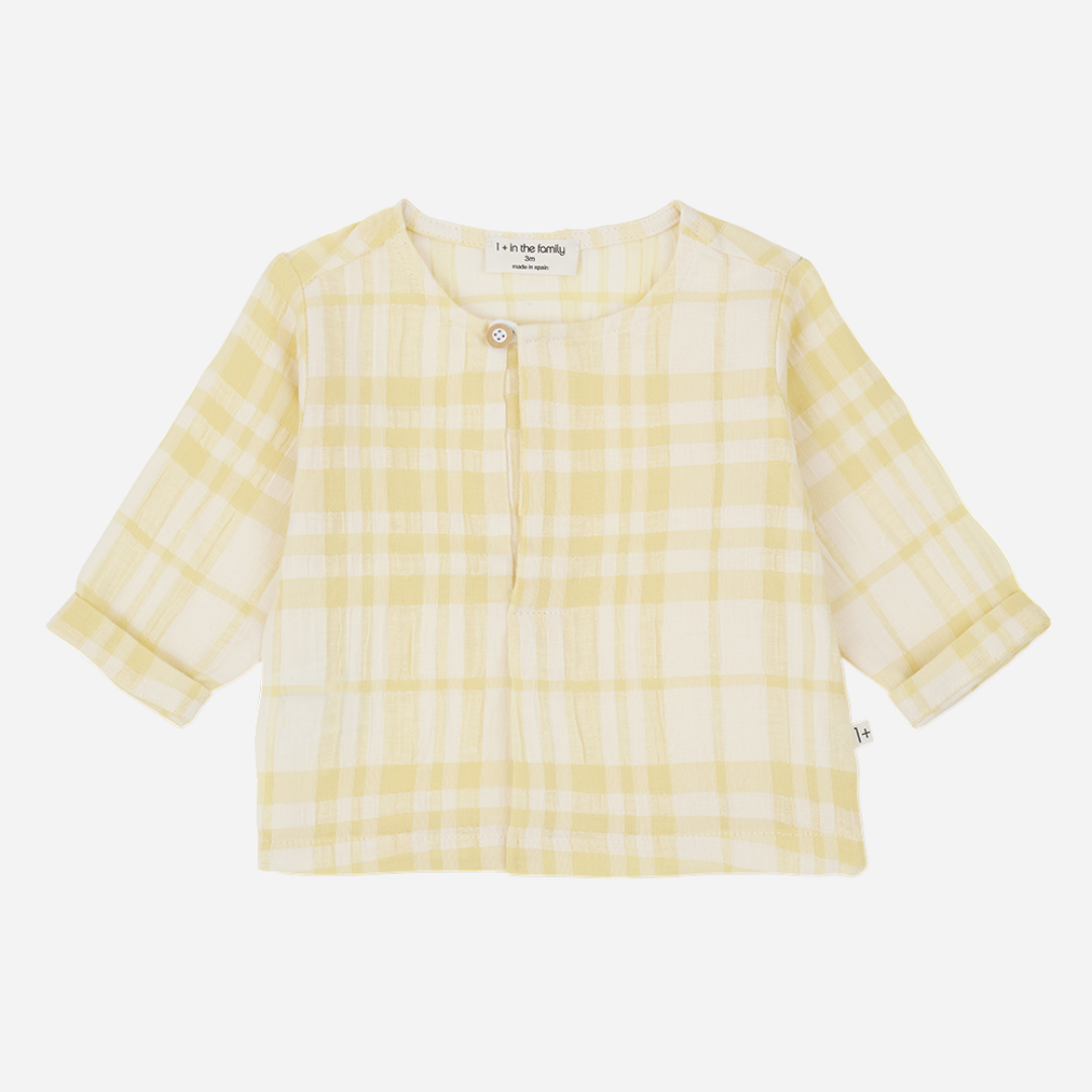 Sold at Bombon Shop, designed by 1+ in the family, lemon check baby shirt with lightweight cotton fabric and relaxed summer fit.