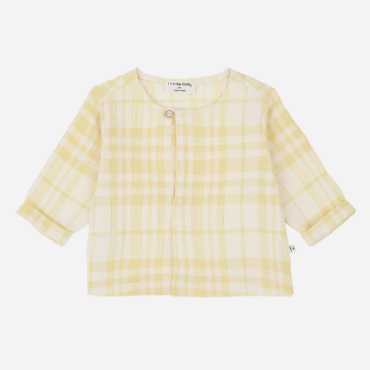 Sold at Bombon Shop, designed by 1+ in the family, lemon check baby shirt with lightweight cotton fabric and relaxed summer fit.
