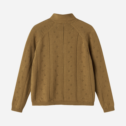Sold at Bombon shop, designed by MarMar Copenhagen — golden brown cotton knit baby cardigan with bow tie collar and pointelle details, pairs perfectly with the floral skirt.