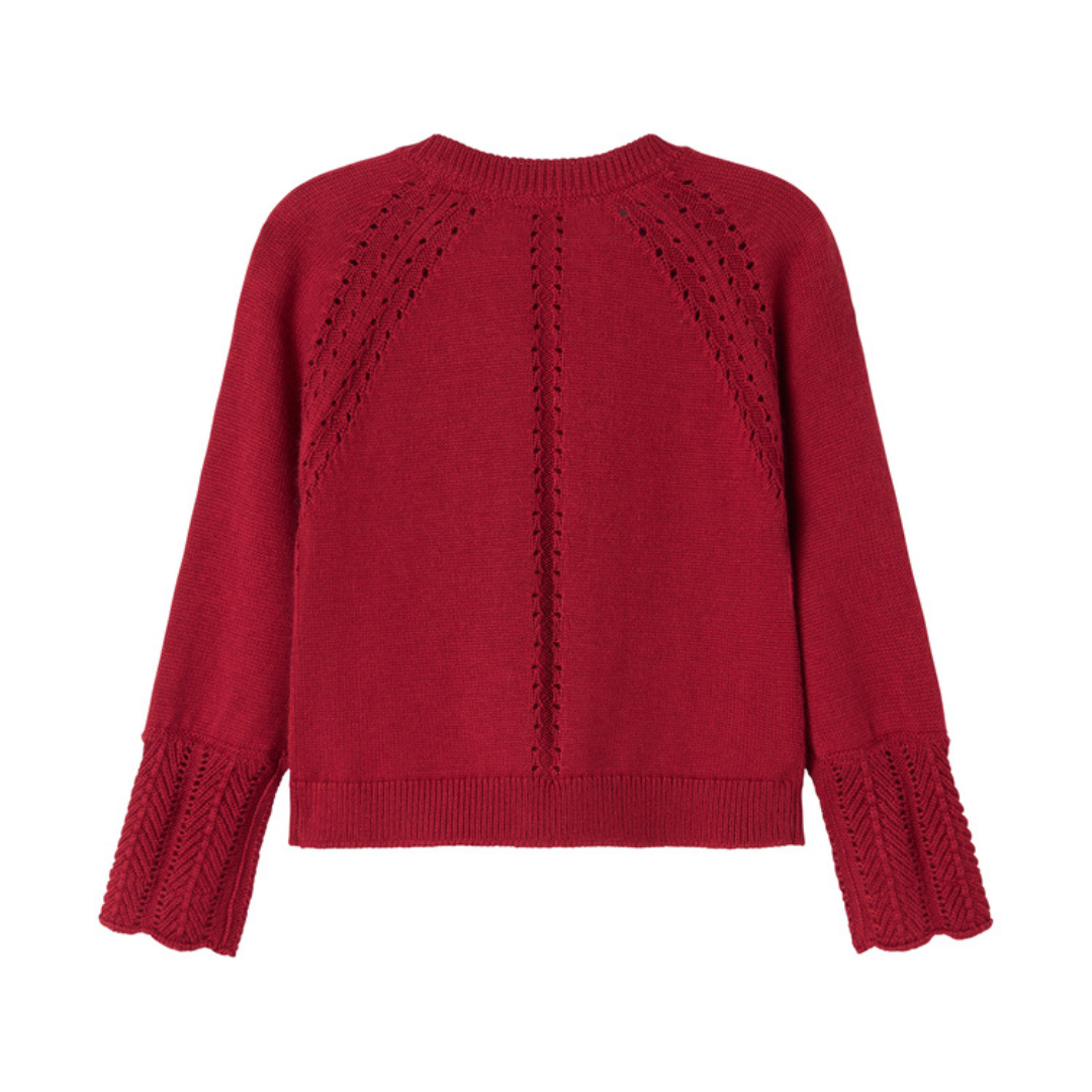 Sold at Bombon shop, designed by MarMar Copenhagen. Deep red knit baby cardigan with scalloped cuffs, pairs perfectly with the red plaid bloomers and embroidered collar bodysuit.