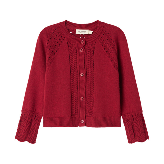 Sold at Bombon shop, designed by MarMar Copenhagen. Deep red knit baby cardigan with scalloped cuffs, pairs perfectly with the red plaid bloomers and embroidered collar bodysuit.