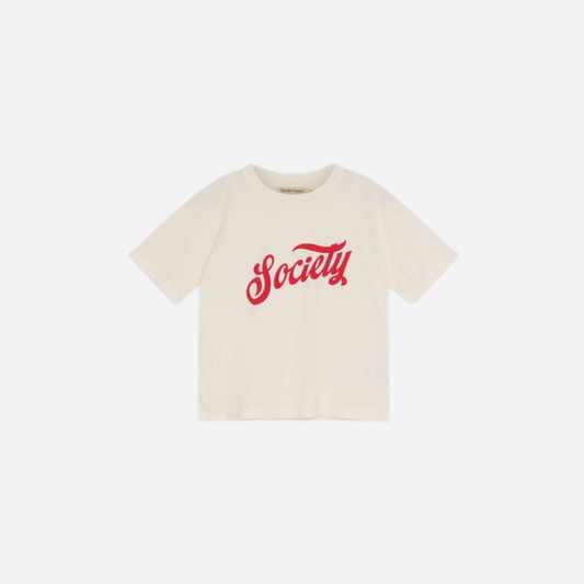 sold at Bombon, designed by The New Society kids ecru t-shirt with society graphic in 100% cotton relaxed fit pairs with striped gorse pants