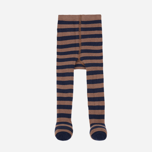 Sold at Bombon shop, designed by 1+ in the family — striped castagna and navy knit baby tights with feet.