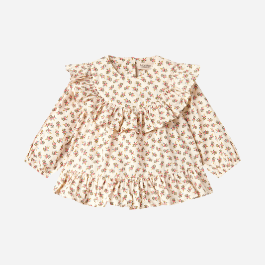 Sold at Bombon shop, designed by MarMar Copenhagen — floral cotton baby blouse with ruffled collar and hem, pairs perfectly with matching floral bloomers.